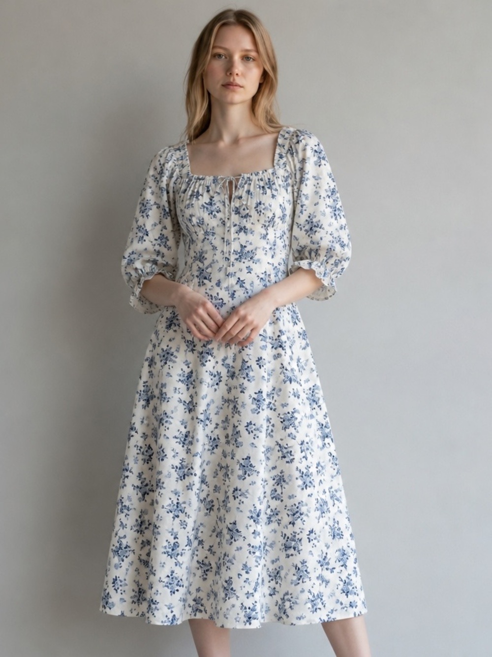 🔥FINAL SALE🔥 Blue Floral Puff Sleeve Left Thigh Cut Midi Dress - Women